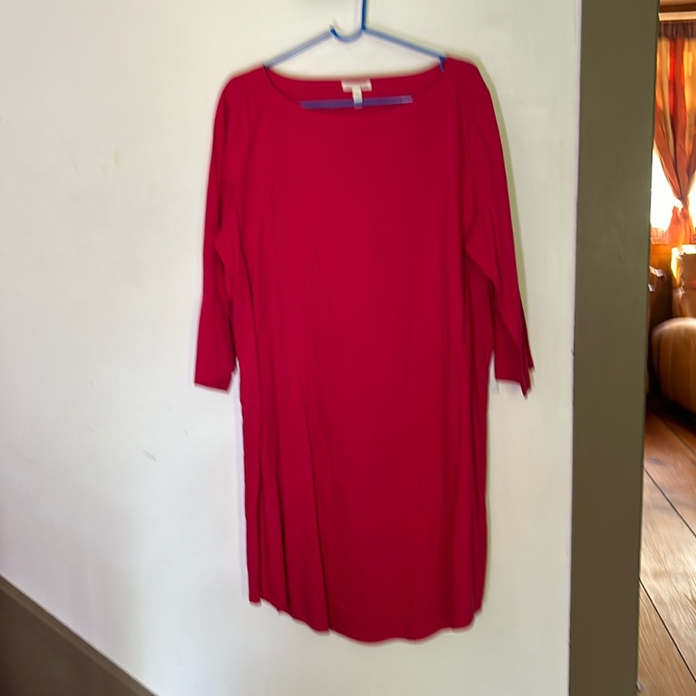Eileen Fisher dress. 3/4 sleeve. Cotton. Raspberry in color.